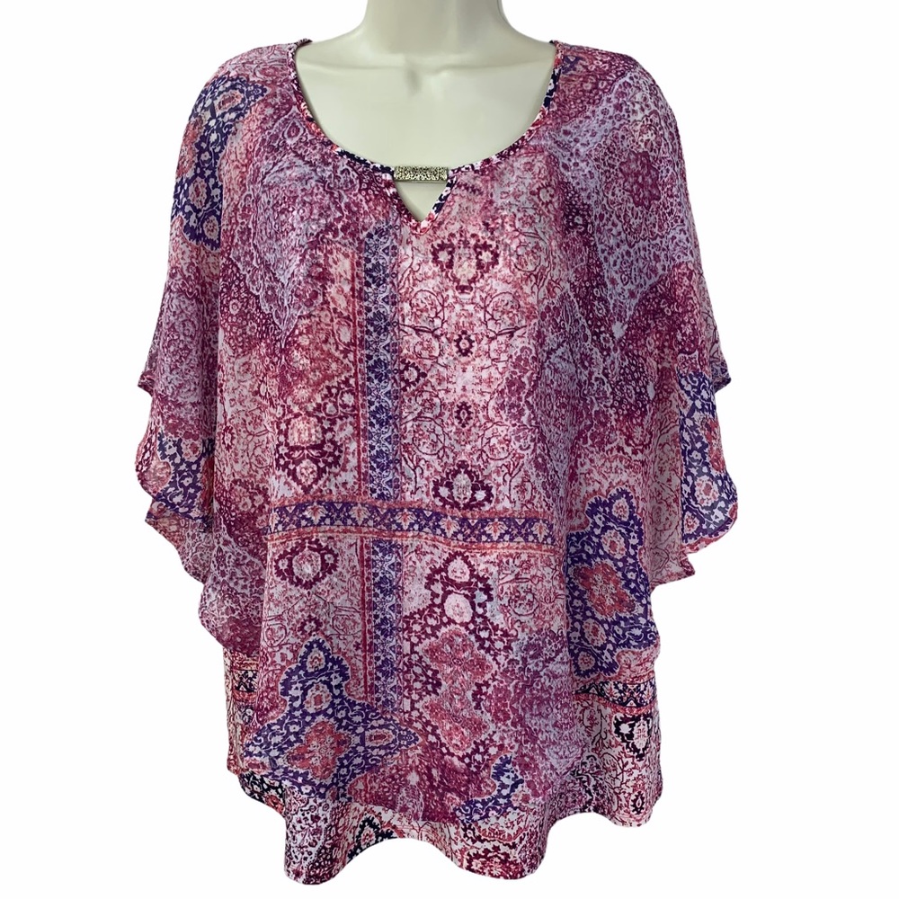 Notations Purple Kaftan Global Print Blouse Top Bohemian Chic